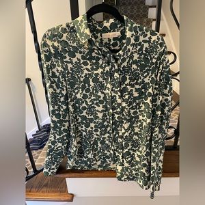 Green and white floral Tory Burch long sleeve silk shirt. Hidden buttons.